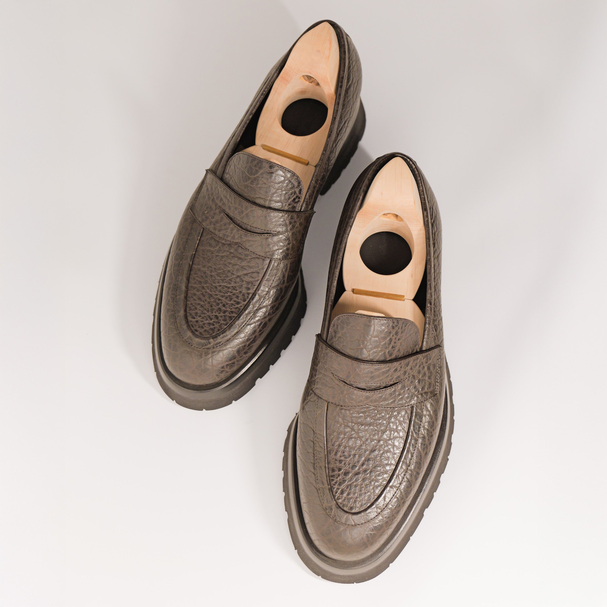 Bespoke Commando Sole Penny Loafer in Dark Brown Bison Leather
