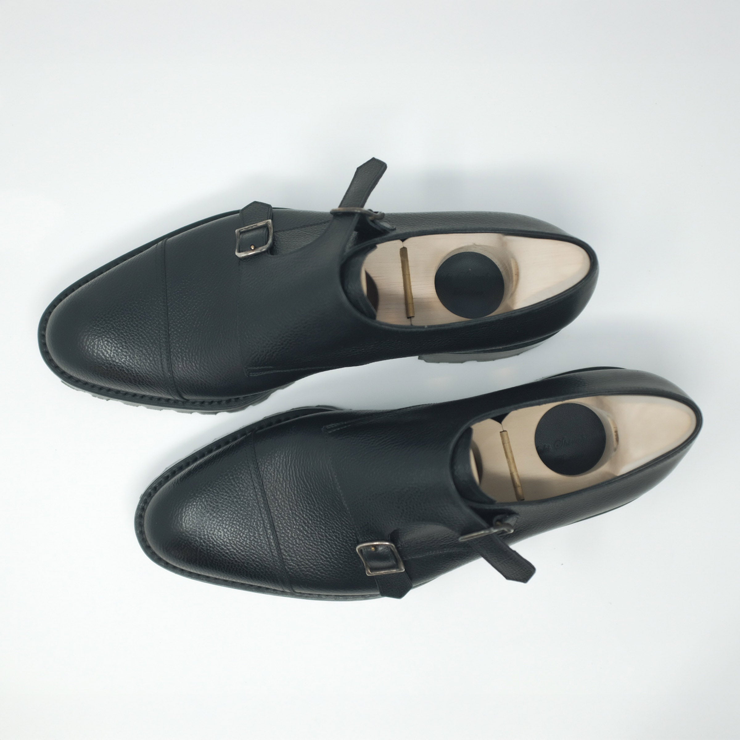 Bespoke Commando Sole Double Monk Strap in Black Grain Leather “TANNERIE D’ANNONAY LONGCHAMP”