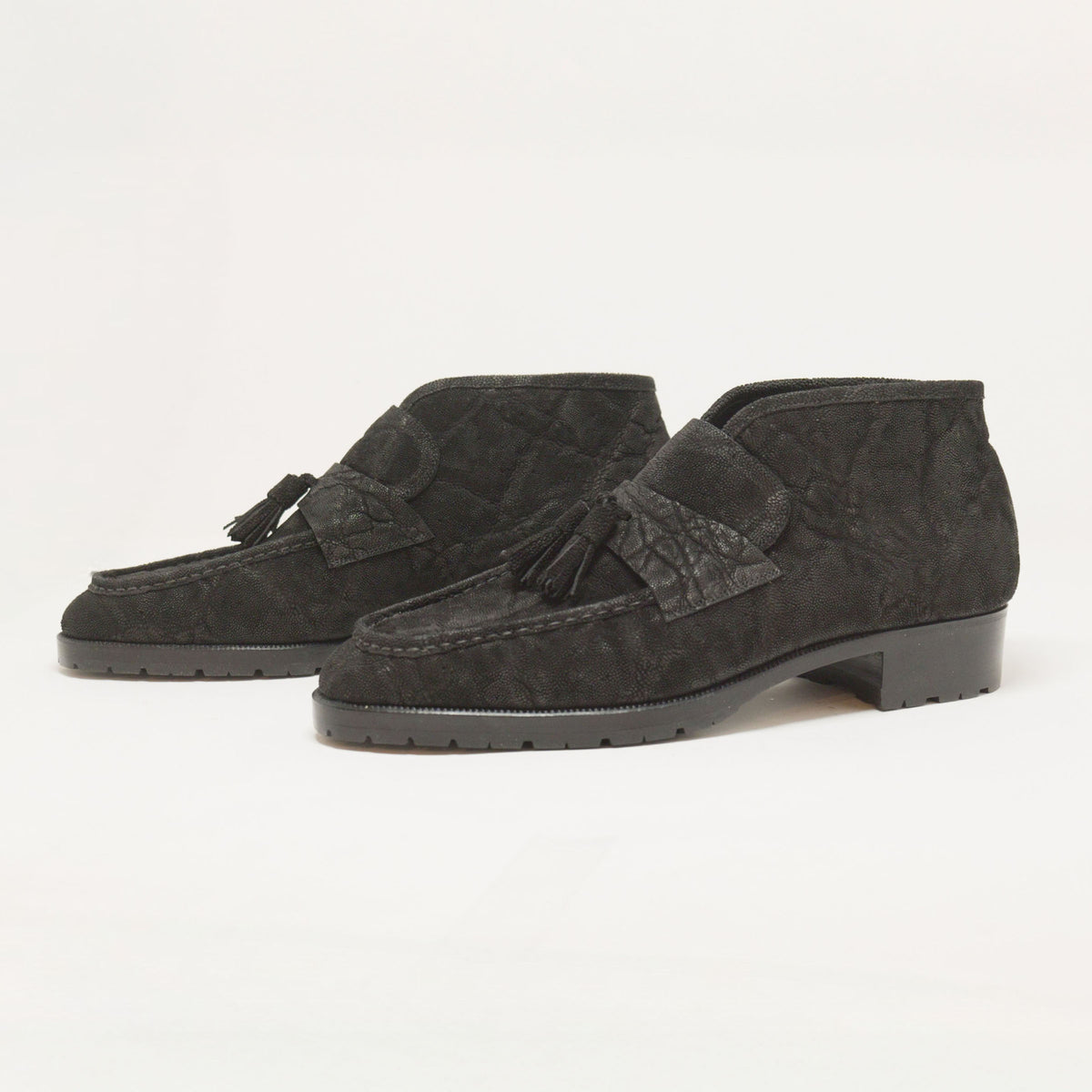 Bespoke Hand-Stitched Tassel Short Boots in Black Elephant Leather-1