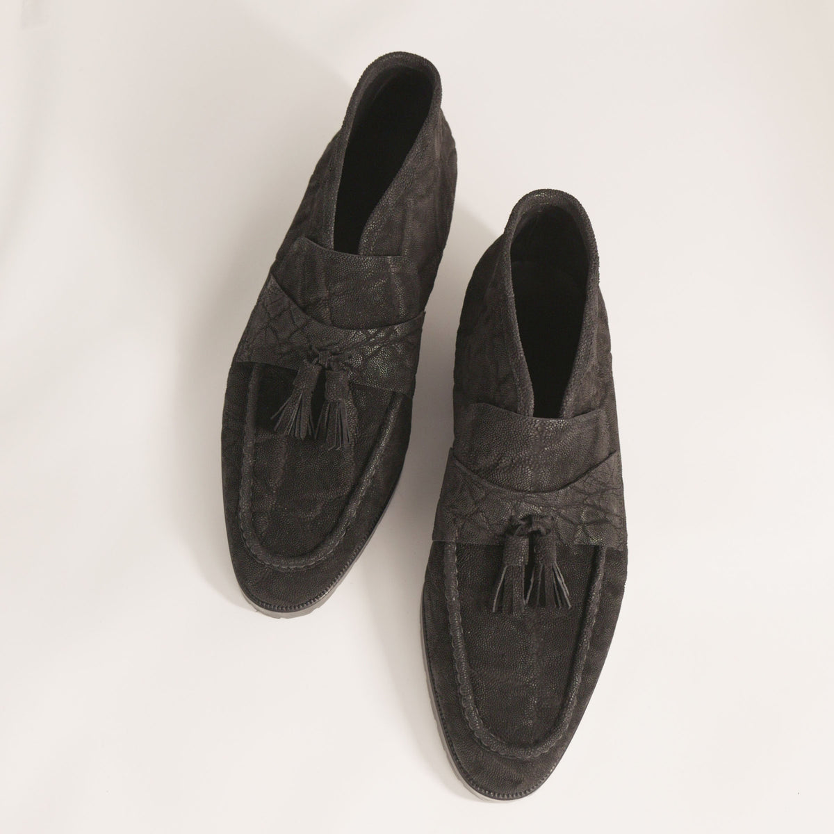 Bespoke Hand-Stitched Tassel Short Boots in Black Elephant Leather-2