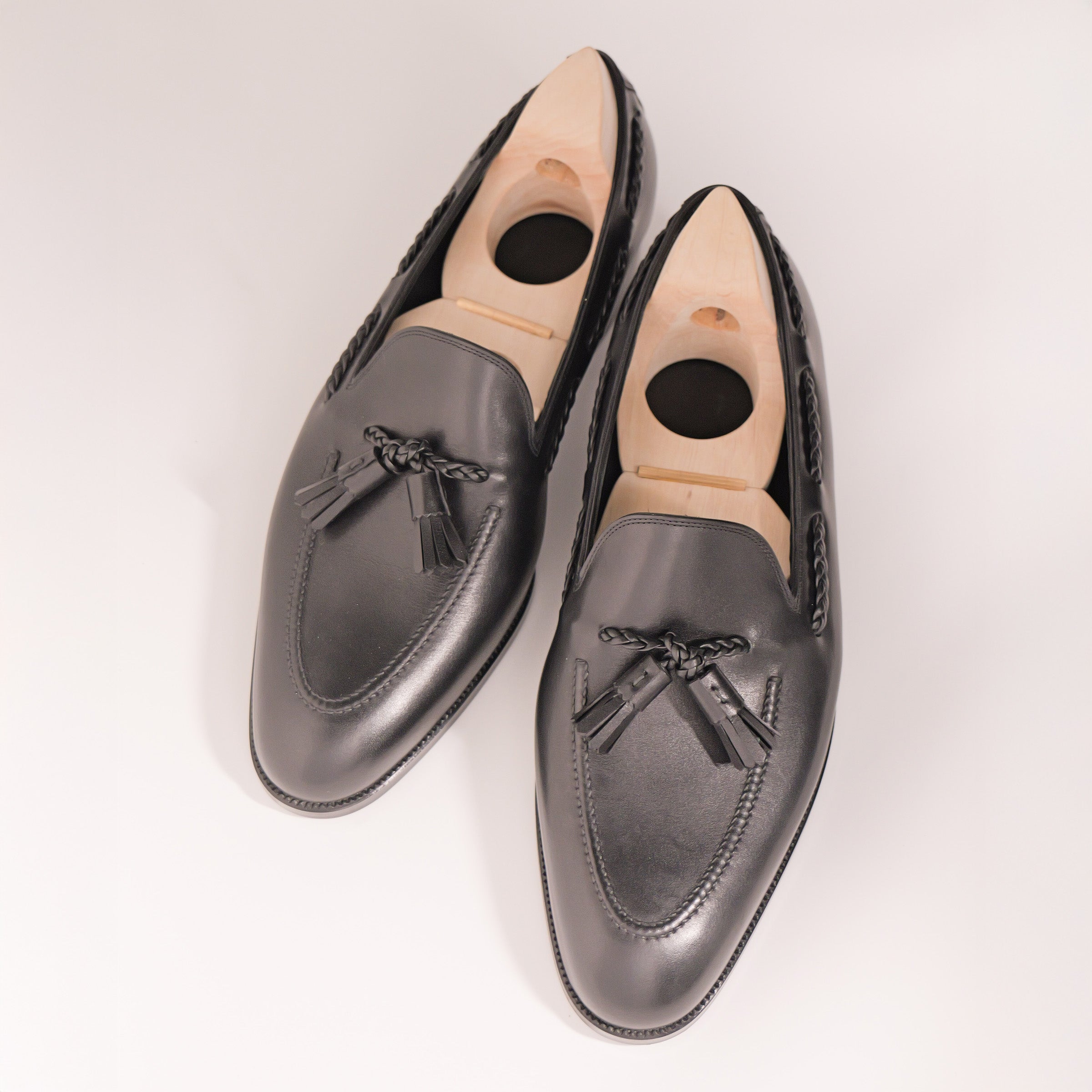 Bespoke Hand-Stitched Tassel Loafers in Black Calf Leather “TANNERIES DU PUY CHATEAUBRIAND”-2