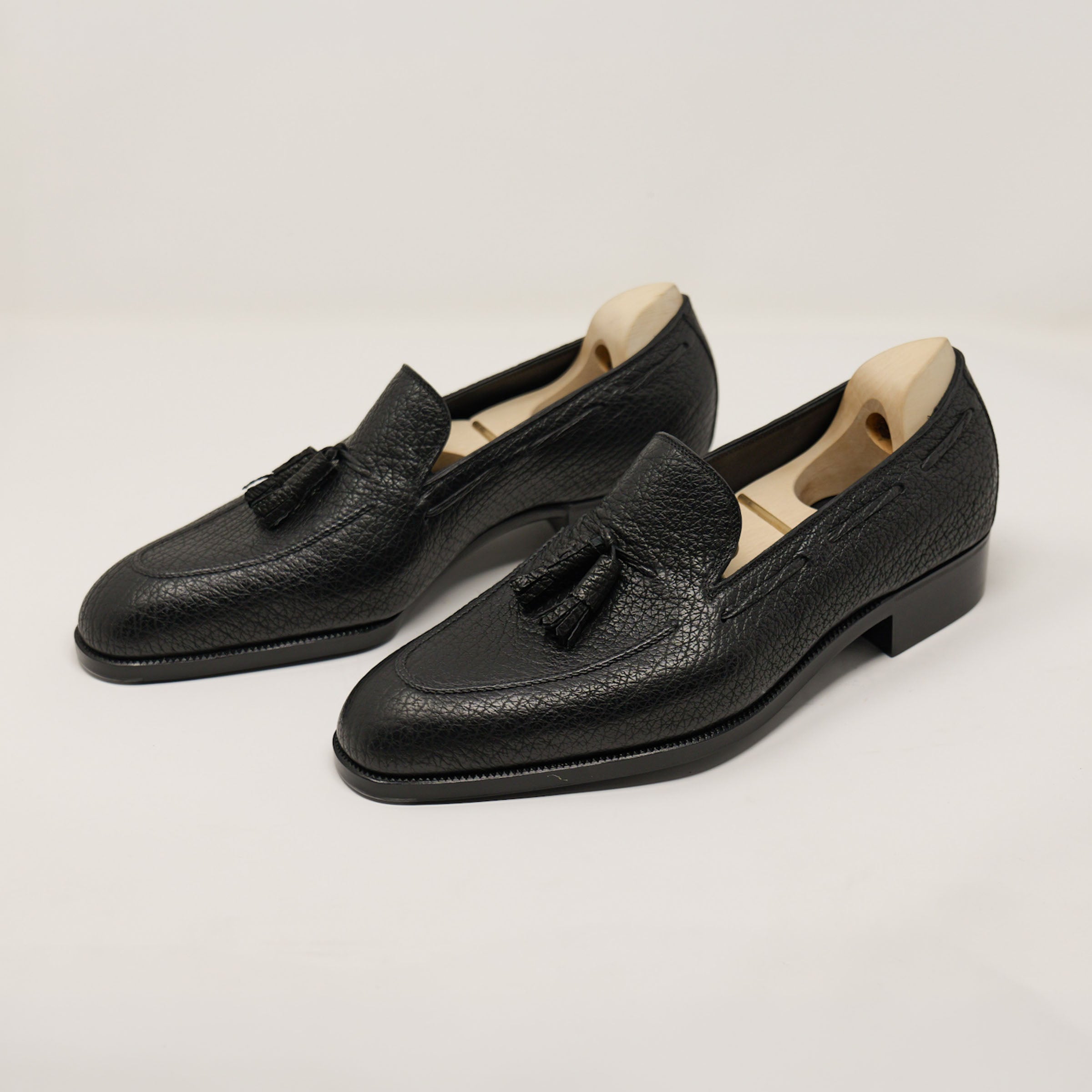 Bespoke Hand-Stitched Tassel Loafers in Black Shark Leather-1-1