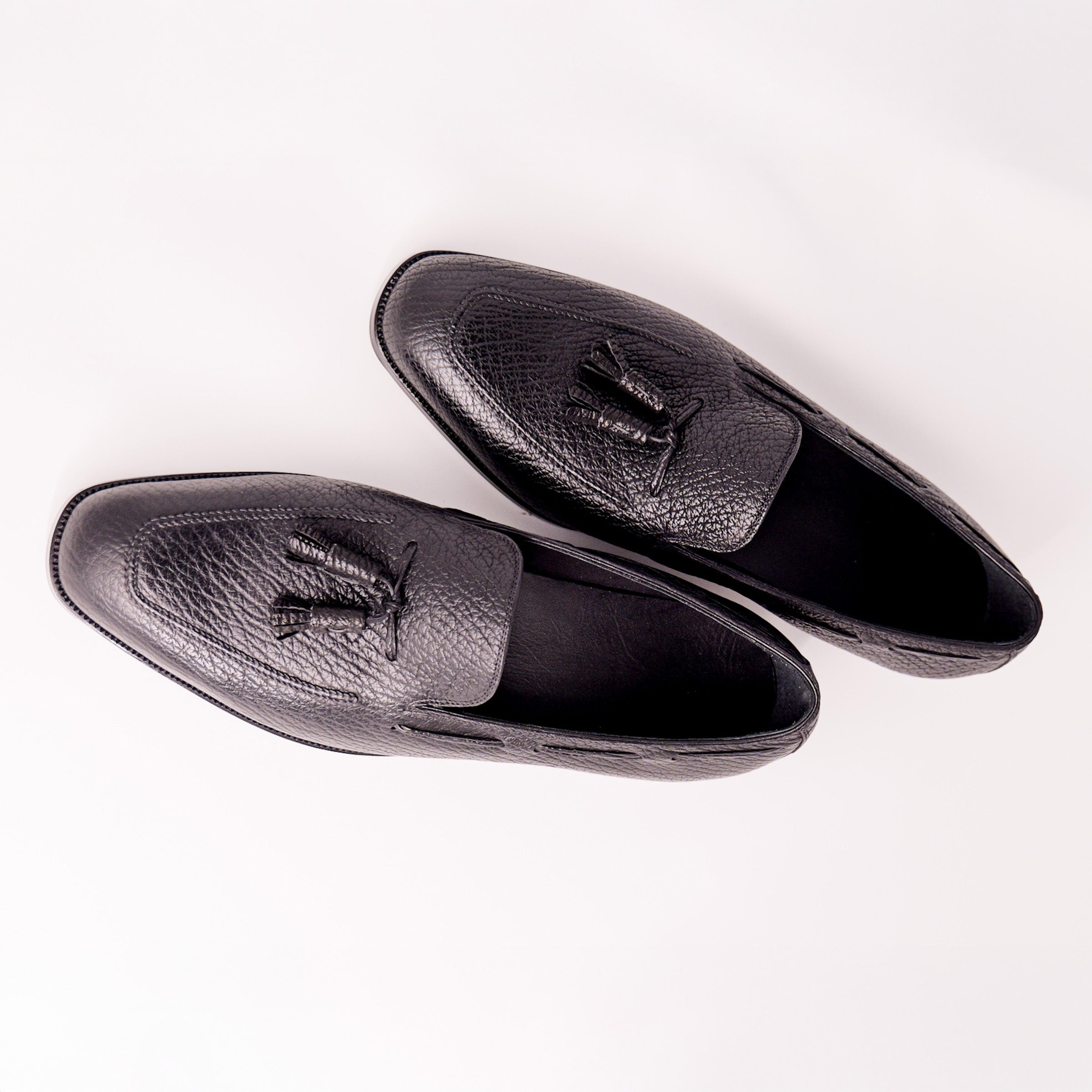 Bespoke Hand-Stitched Tassel Loafers in Black Shark Leather-3