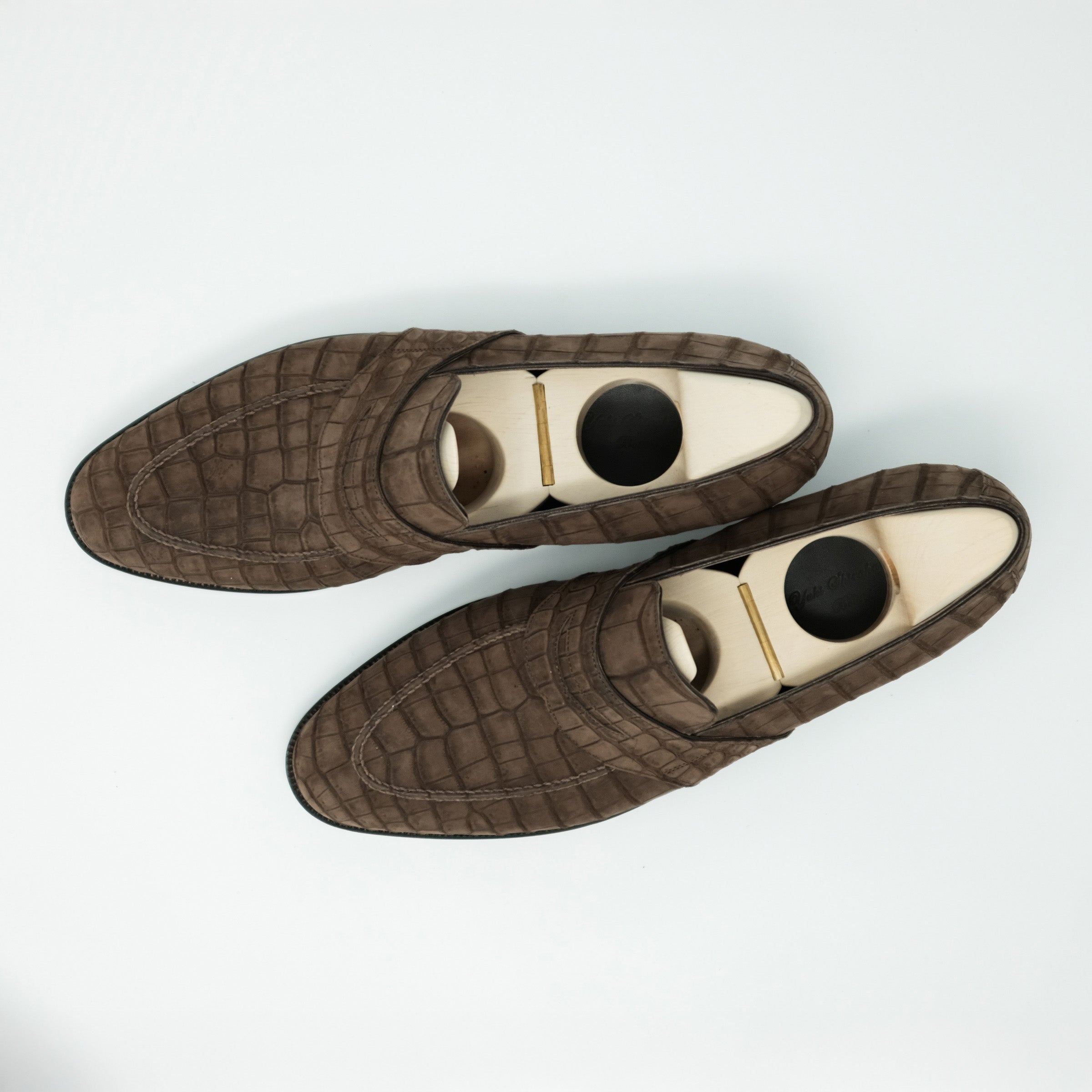 Bespoke Penny Loafers in Dark Brown Nubuck Crocodile Leather