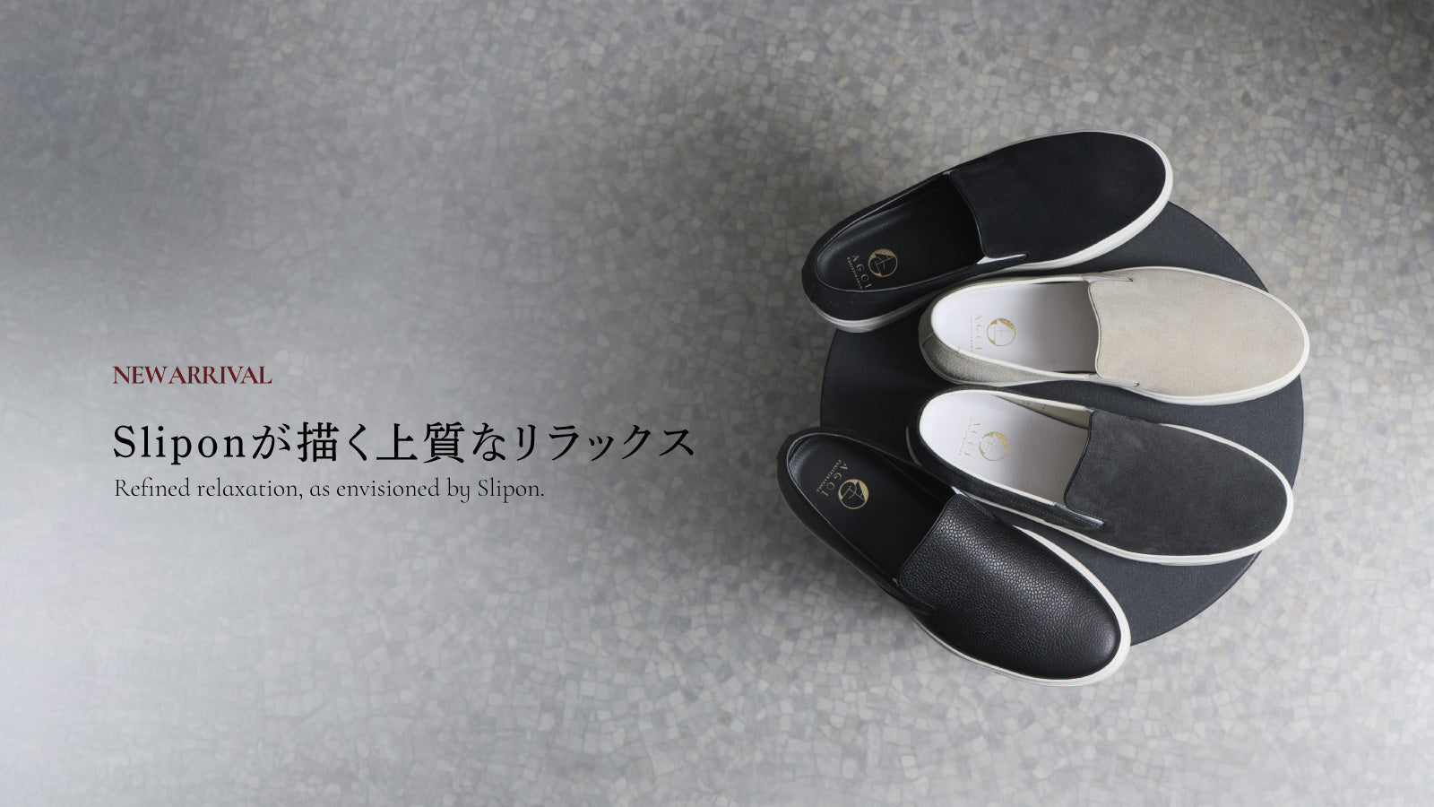 AGOL Slipon shoes new arrival featuring refined relaxed style by Yuki Shirahama Bottier