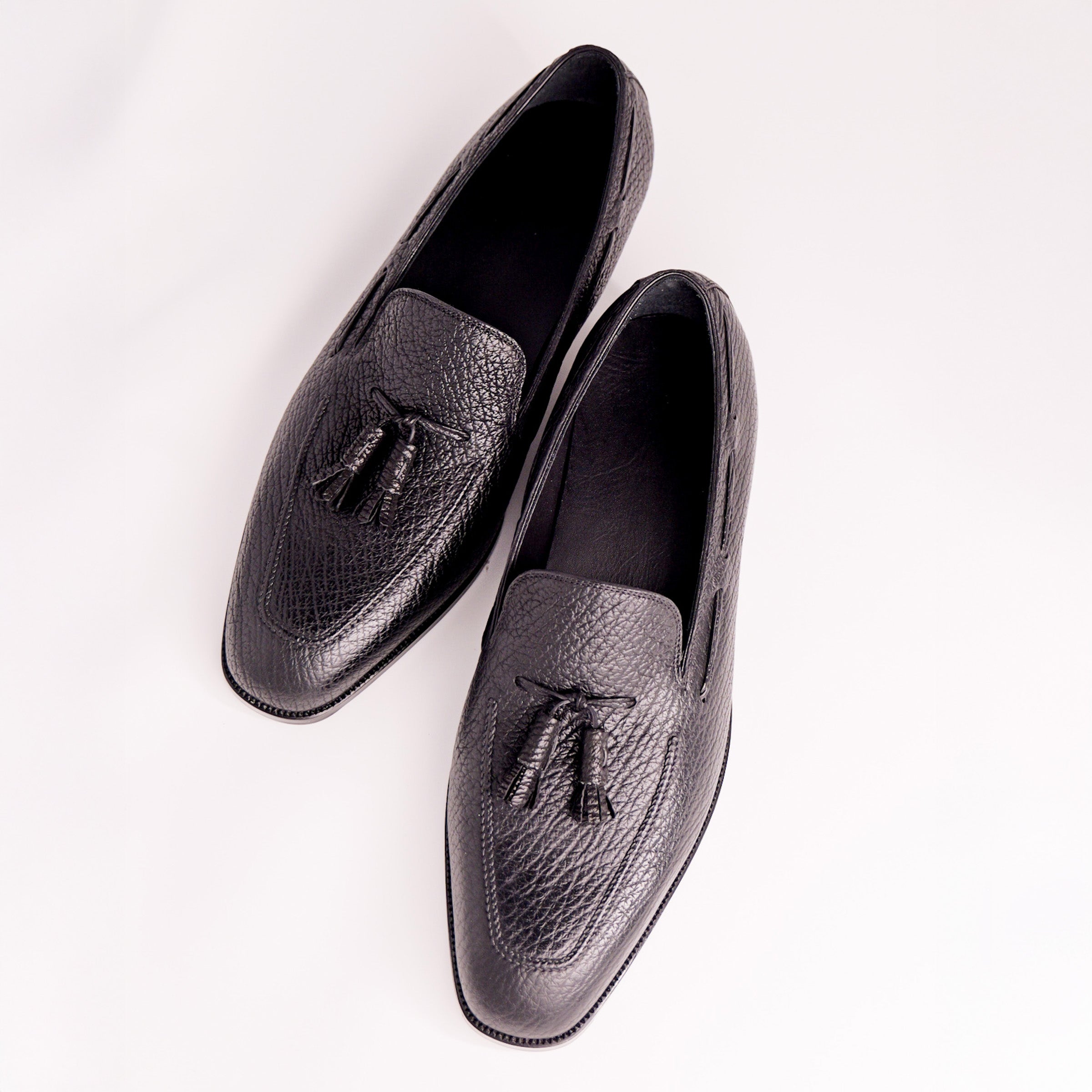 Bespoke Hand-Stitched Tassel Loafers in Black Shark Leather