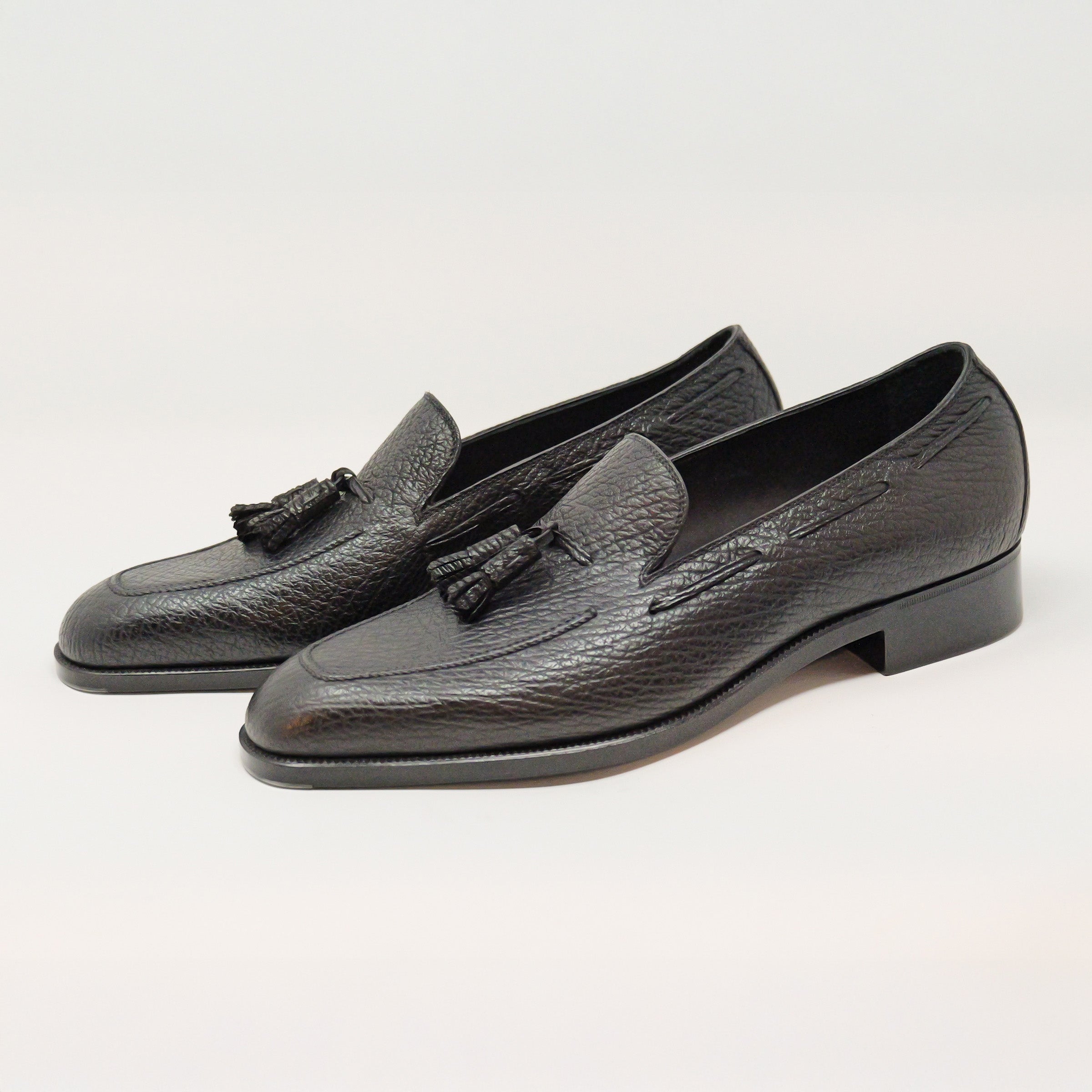 Bespoke Hand-Stitched Tassel Loafers in Black Shark Leather