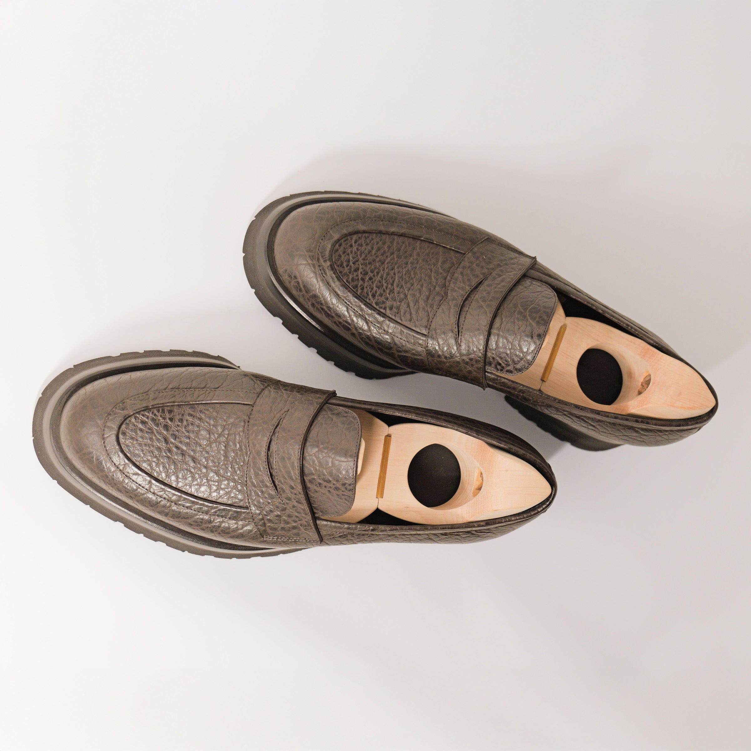 Bespoke Commando Sole Penny Loafer in Dark Brown Bison Leather