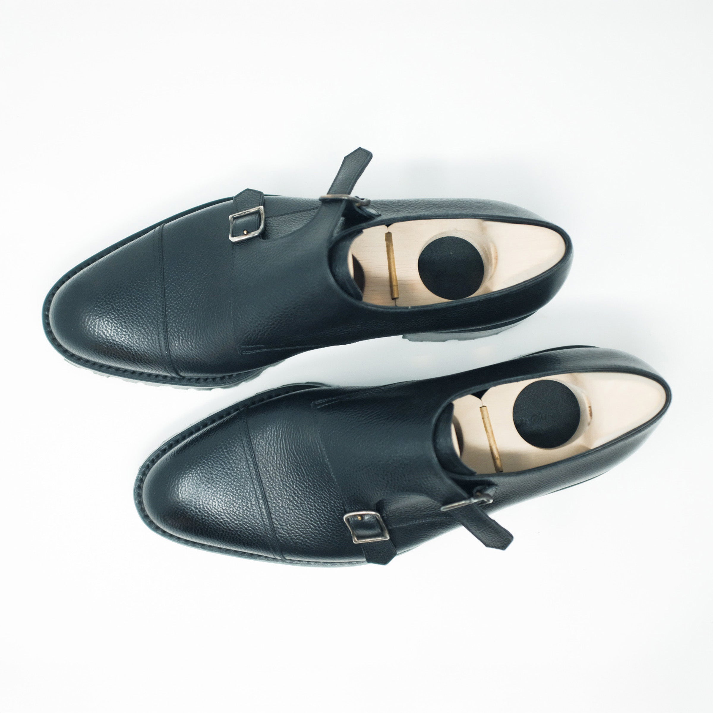 Bespoke Commando Sole Double Monk Strap in Black Grain Leather “TANNERIE D’ANNONAY LONGCHAMP”