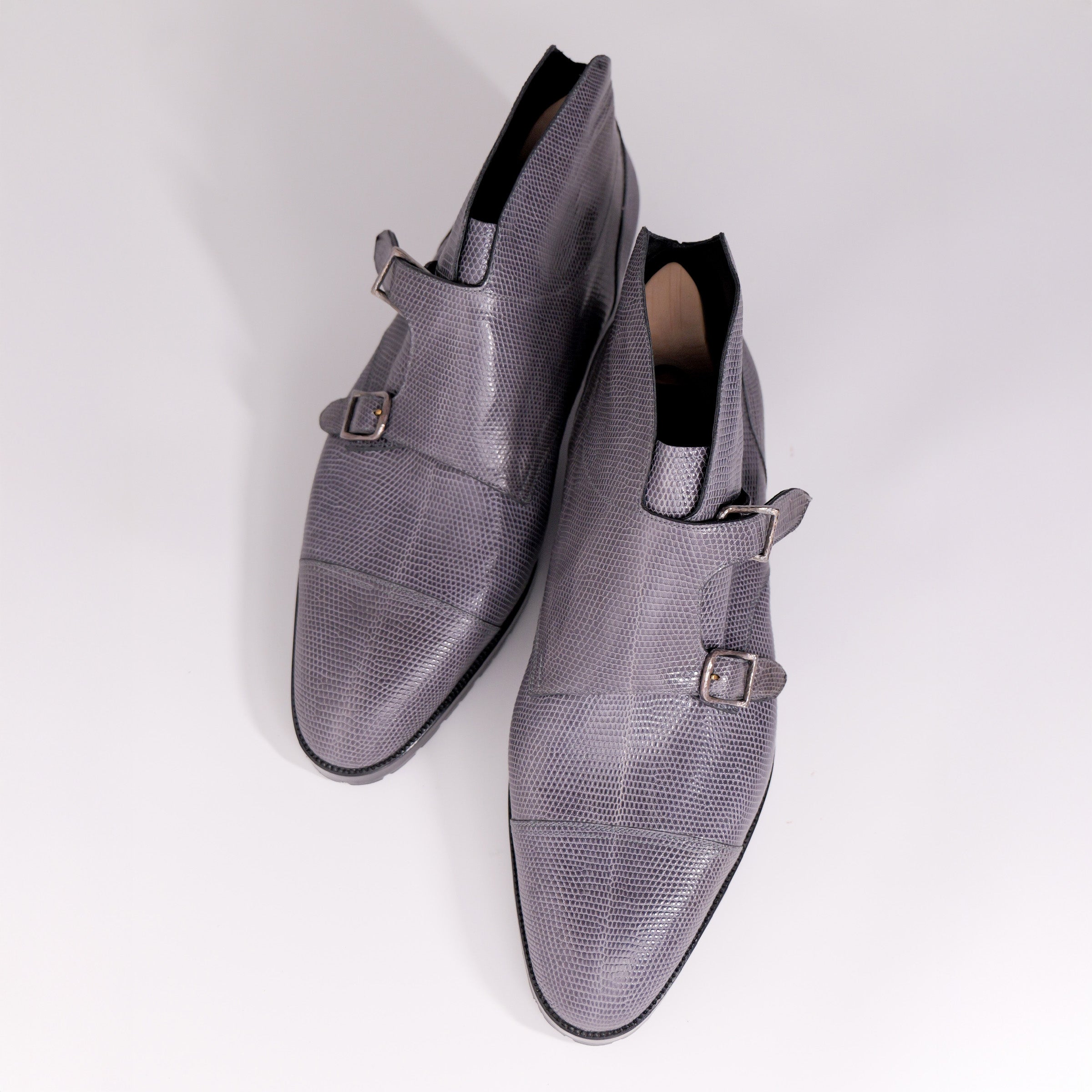 Bespoke Double Monk Strap Boots in Grey lizard Leather