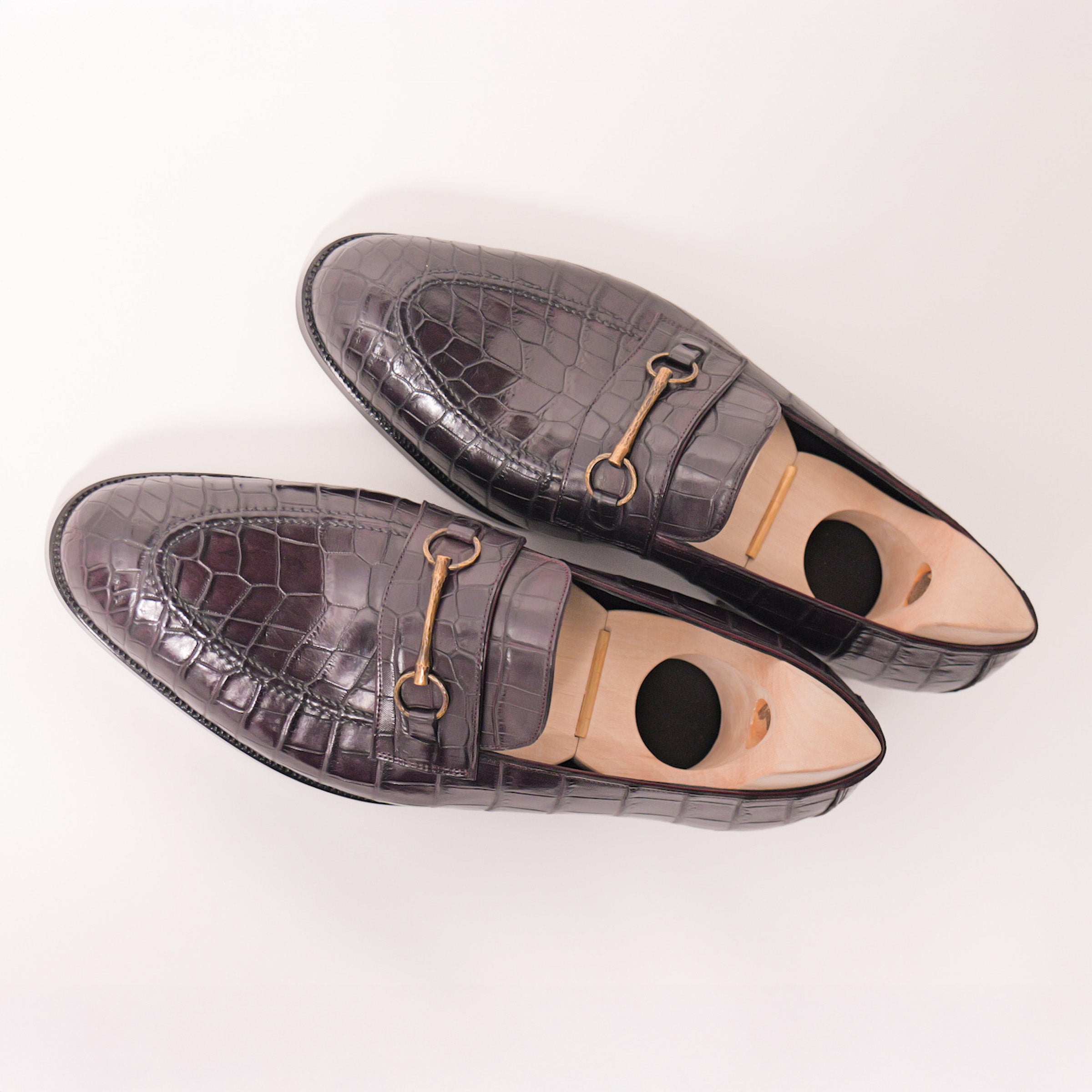 Bespoke Hand-Stitched Bit Loafers in Burgundy Crocodile