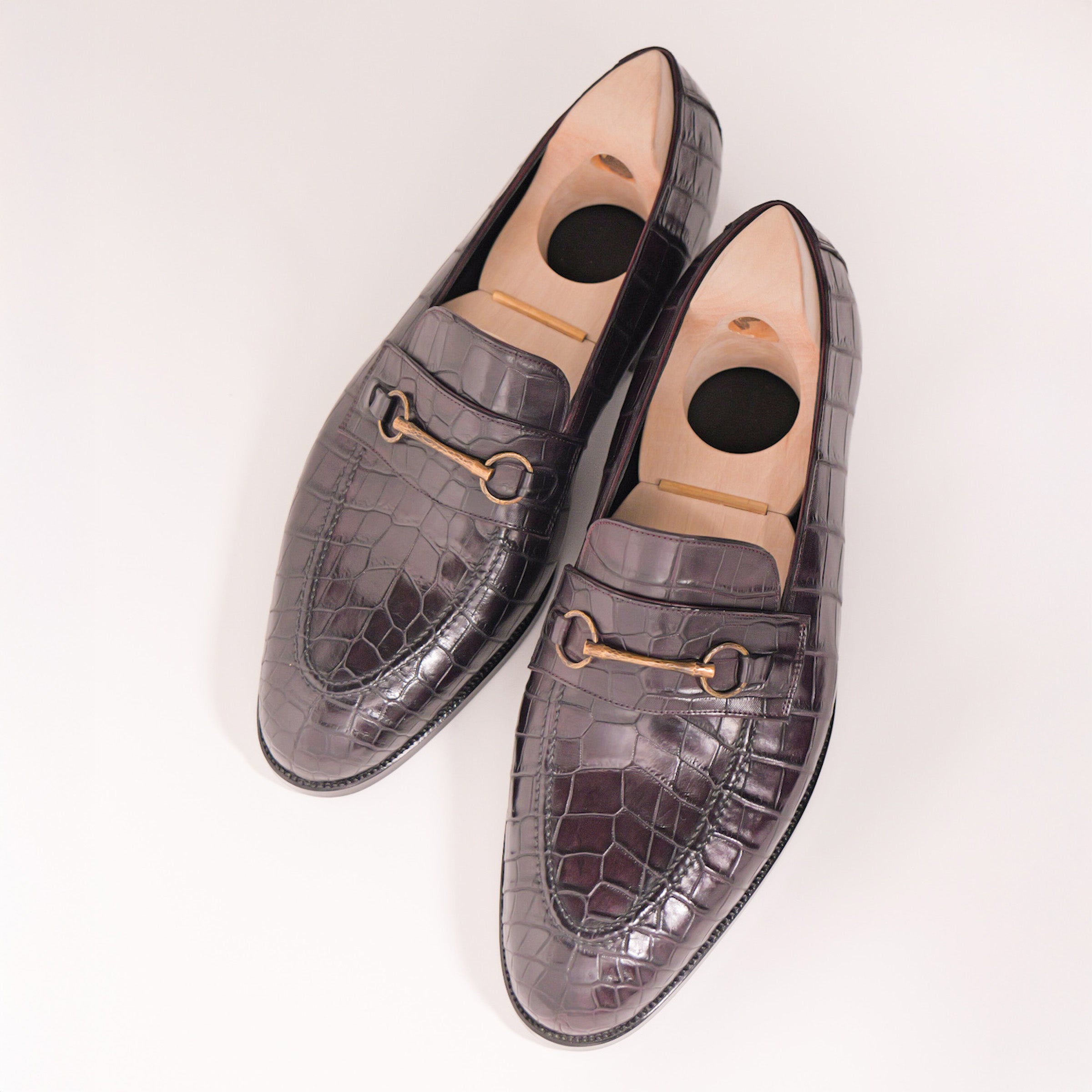 Bespoke Hand-Stitched Bit Loafers in Burgundy Crocodile
