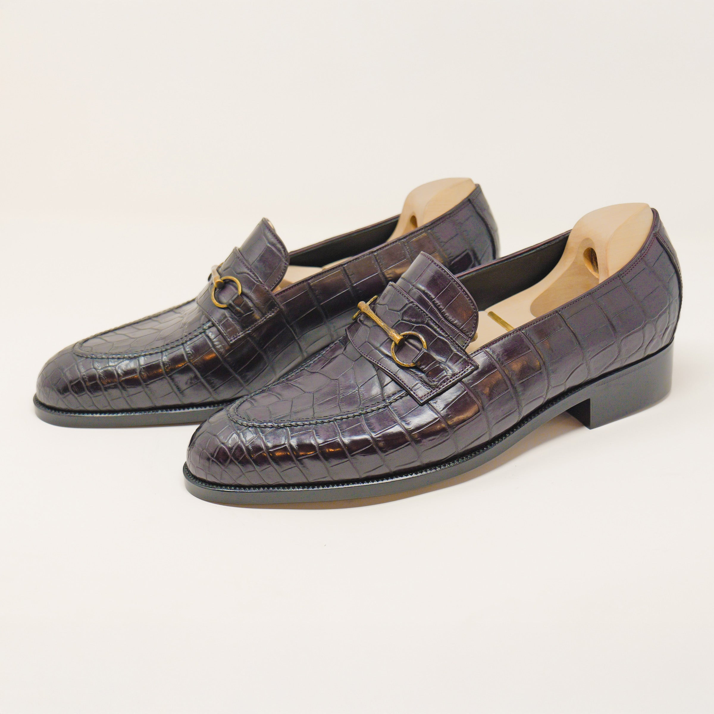 Bespoke Hand-Stitched Bit Loafers in Burgundy Crocodile