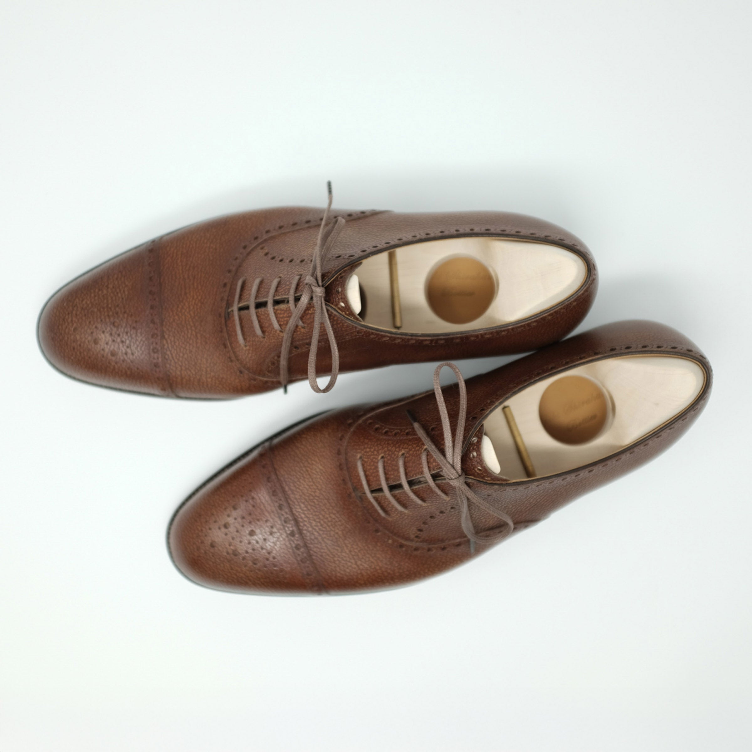 Bespoke Semi-Brogue Oxford in Light Brown Grained Leather with Patina Finish  “TANNERIE D’ANNONAY LONGCHAMP”