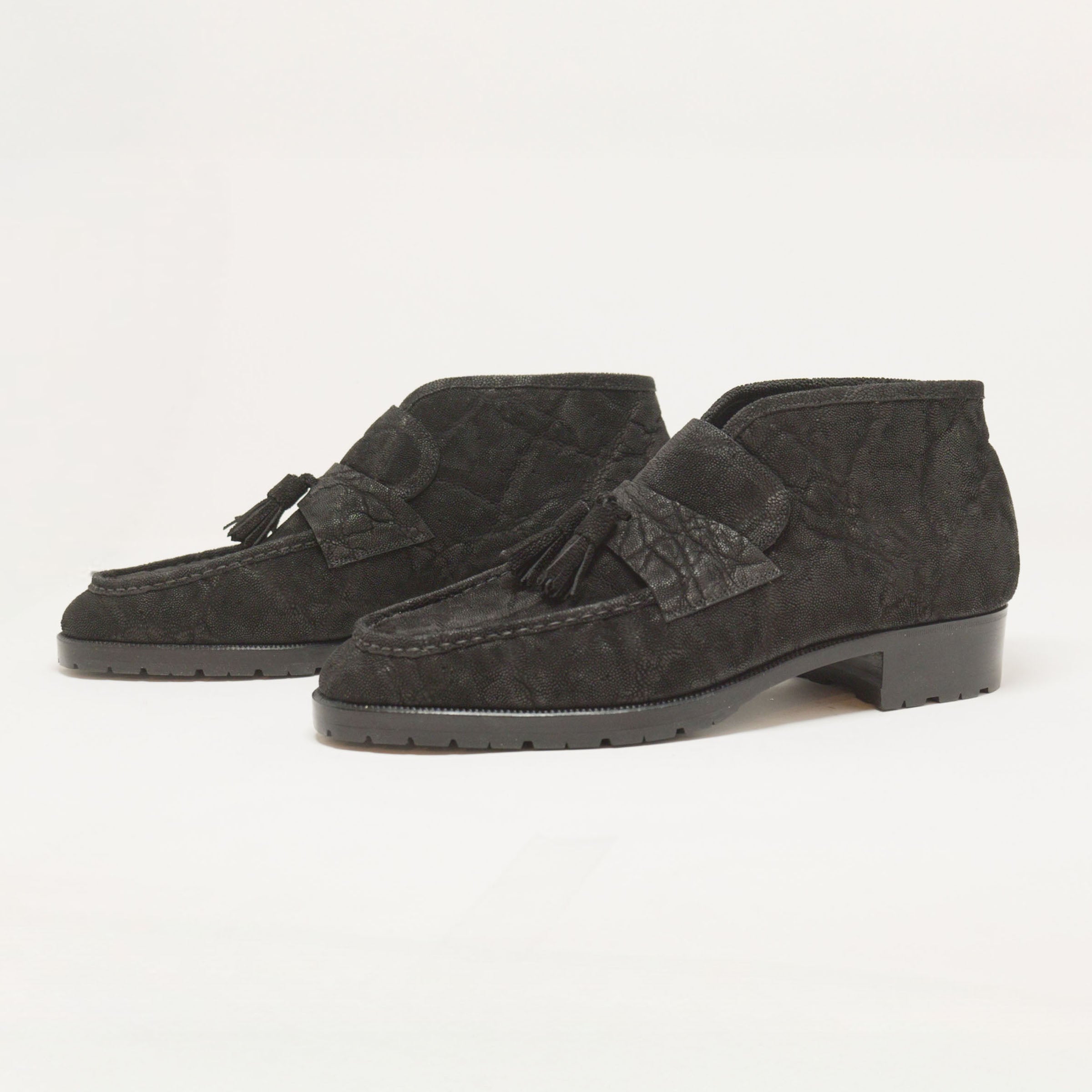 Bespoke Hand-Stitched Tassel Short Boots in Black Elephant Leather-1