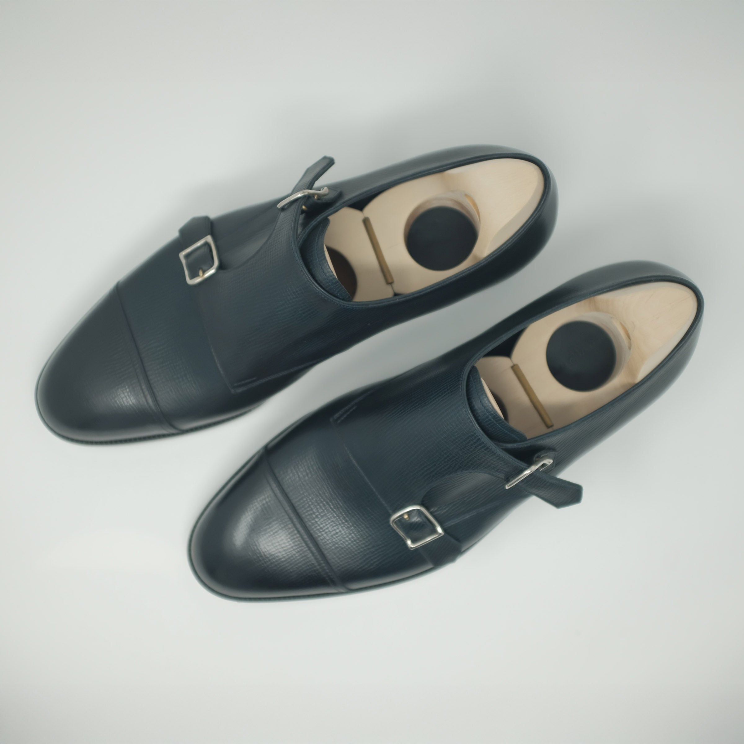 Bespoke Commando Sole Double Monk Strap in Navy Grain Leather “TANNERIE D’ANNONAY ALCAZAR”