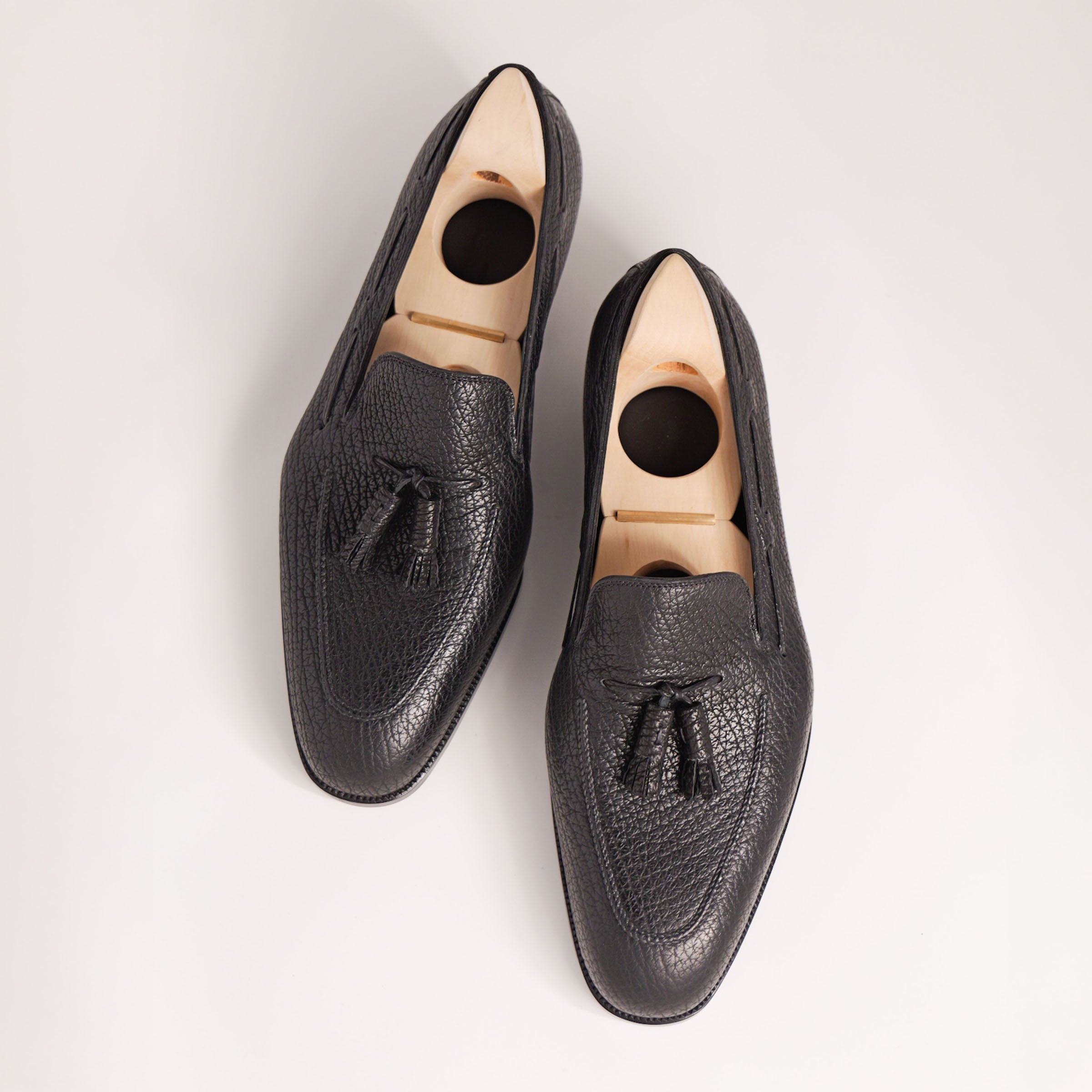 Bespoke Hand-Stitched Tassel Loafers in Black Shark Leather-1-2