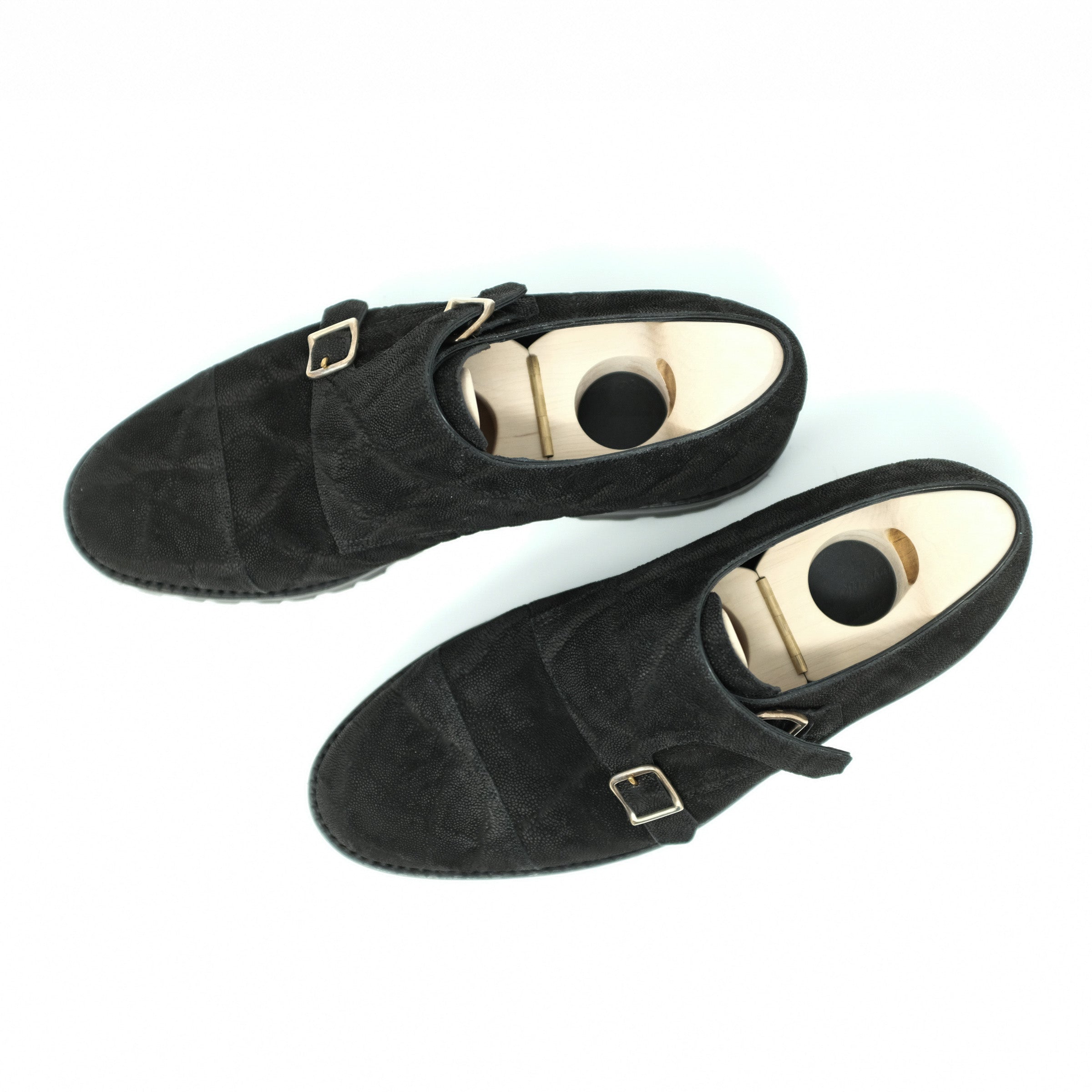 Bespoke Commando Sole Double Monk Strap in Black Elefant Leather