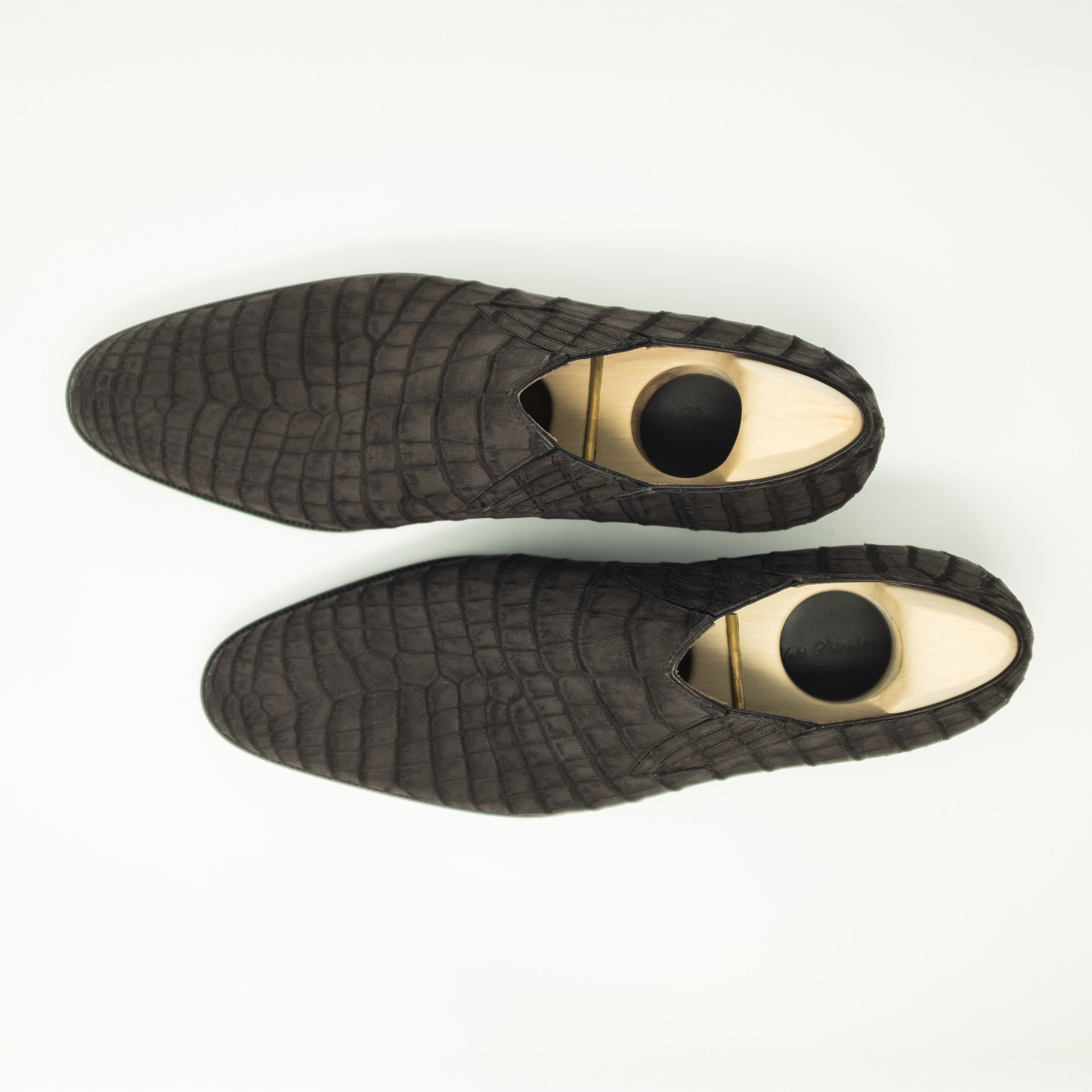 Bespoke Side Elastic Wholecut in Dark Brown Nubuck Crocodile